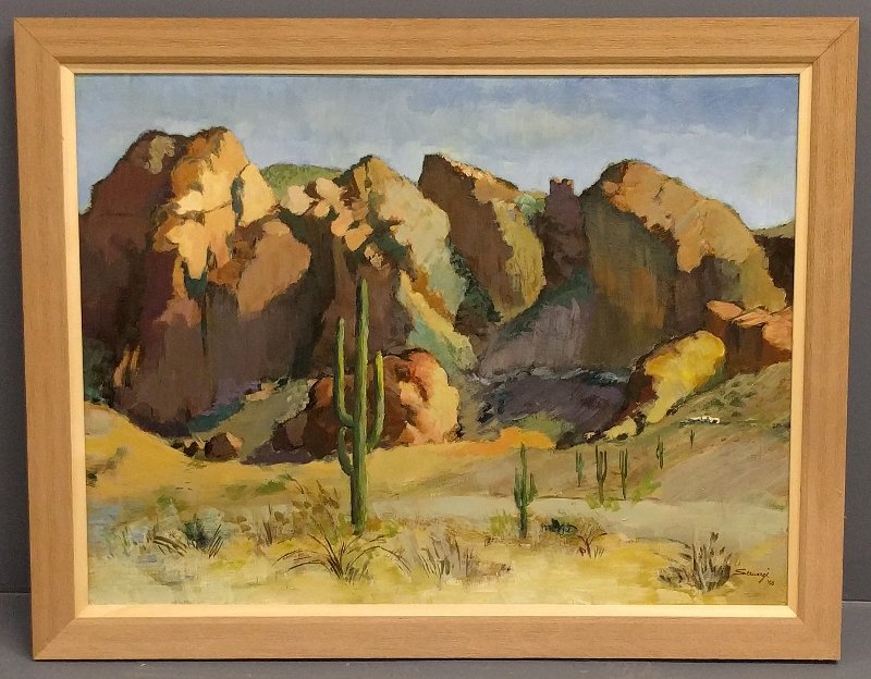 Serwazi, Albert [American, 1905-1992] oil on canvas: Serwazi, Albert [American, 1905-1992] oil on canvas painting of a Southwestern landscape titled "Camelback Mountain", signed lower right "Serwazi 58". Site: 27 inches high, 36 inches wide.