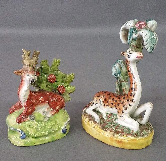 Early Staffordshire seated giraffe and seated stag. 5 (1 of 5)