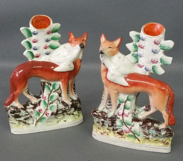 Pair of Staffordshire fox spill vases, c. 1870. (1 of 2)