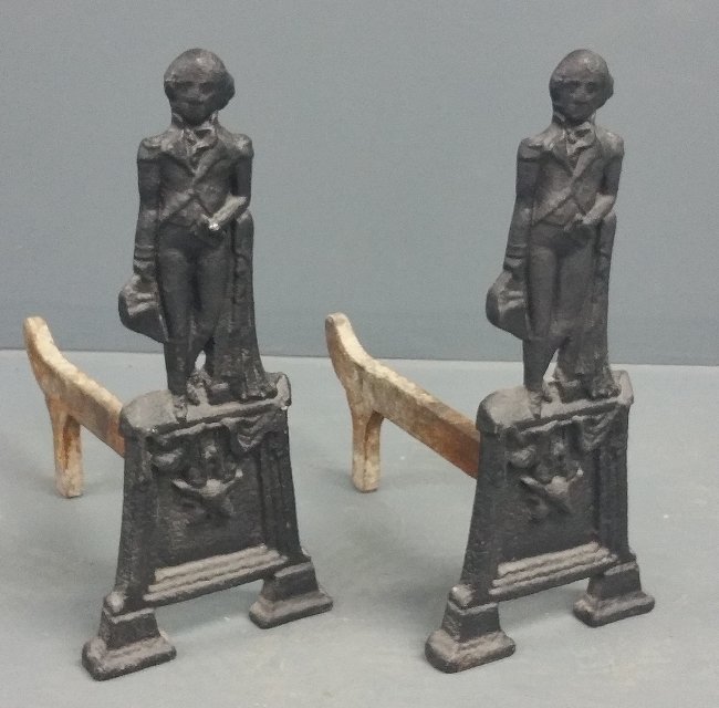 Pair of General Washington cast iron andirons, prob.: Pair of General Washington cast iron andirons, prob. late 19th c. 20 inches high, 9 inches wide, 17 inches deep.