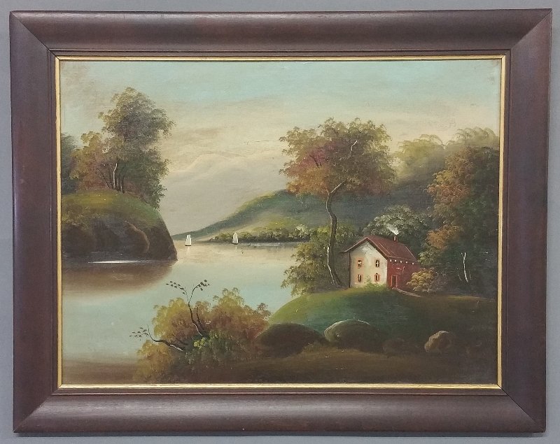 Hudson River School oil on board painting of a: Hudson River School oil on board painting of a landscape, late 19th c. Site: 17 ¼ inches high, 23 ½ inches wide.