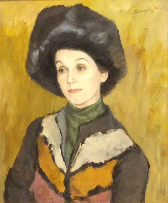 Serwazi, Albert [American, 1905-1992] oil on canvas: Serwazi, Albert [American, 1905-1992] oil on canvas painting of a lady titled "Trudy in Fur Hat", signed upper right "Serwazi 78". Site: 24 inches high, 20 inches wide.