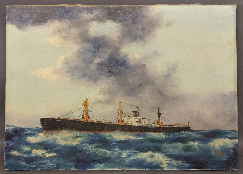 Oil on canvas painting of the merchant steamship Fred.: Oil on canvas painting of the merchant steamship Fred. C. Stebbins, signed lower right W. Pskov 1947”. Site: 17 inches high, 23 ¾ inches wide.