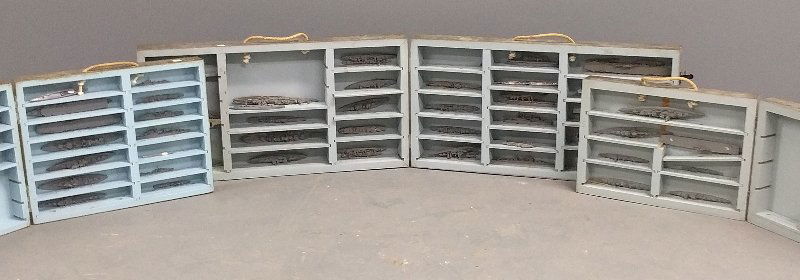 Three wood cased lead waterline WWII recognition ship m: Three wood cased lead waterline WWII recognition ship models. Most ships identified. Largest: 9” long.