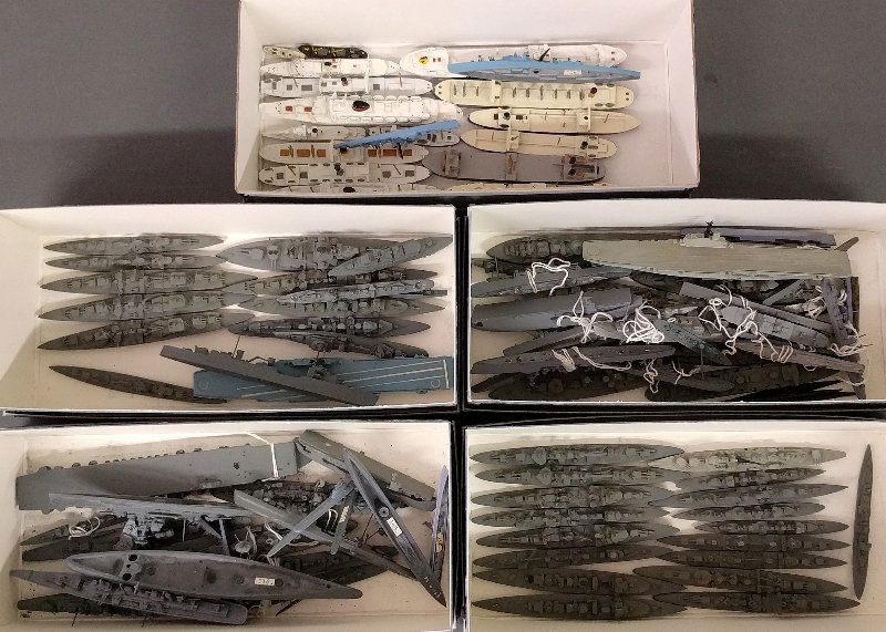 Large grouping of mostly English lead waterline WWII re: Large grouping of mostly English lead waterline WWII recognition ship models. Longest: 7” long