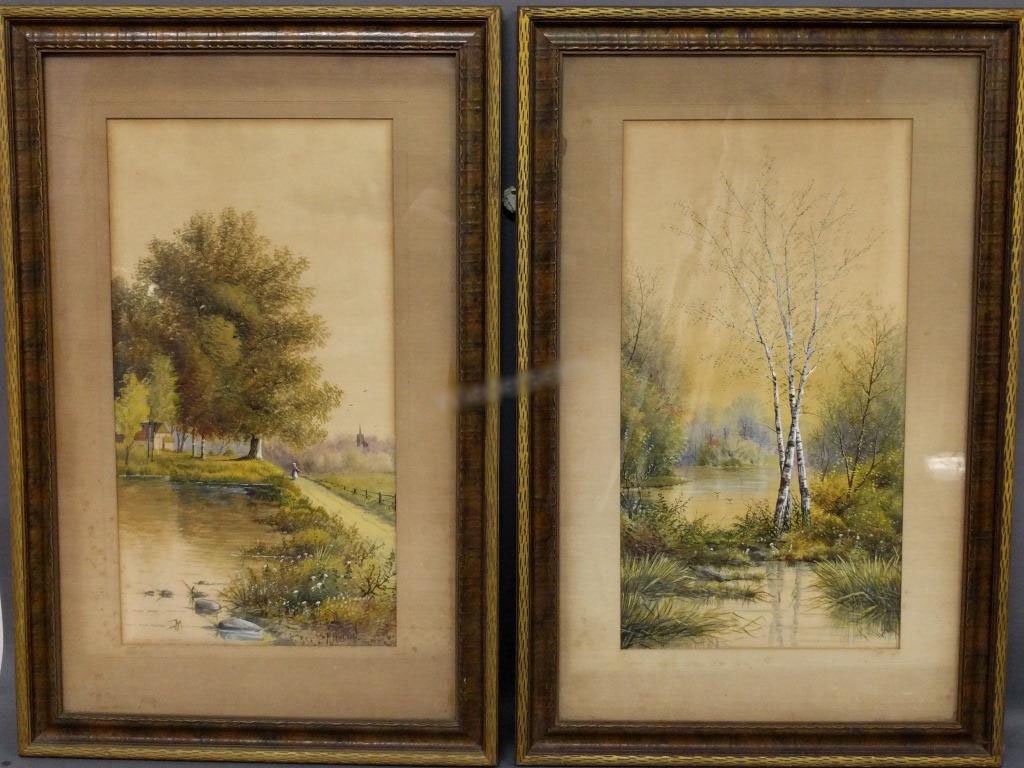 Gouche country landscapes: Pair of gouache paintings of a country landscape, each signed "W. Nelson". Probably late 19th century. Site 24" x 13"