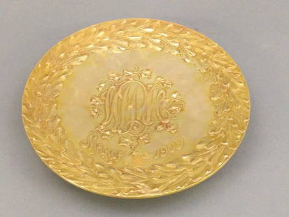 14 karat gold: 14-karat gold soap dish with commemorative inscription "W. P. H. March 7th 1909". 75"h x 6"diameter. 110+ pennyweight.