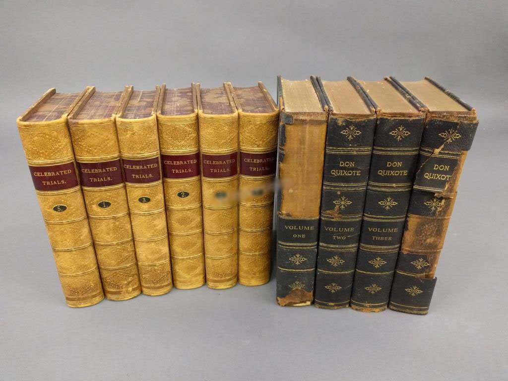 Leather book collection: Full leather six-volume set of "Celebrated Trials", 1825 with bookplate of Earl of Birkenhead, 8"h., together with Don Quixote four-volume set. As found.