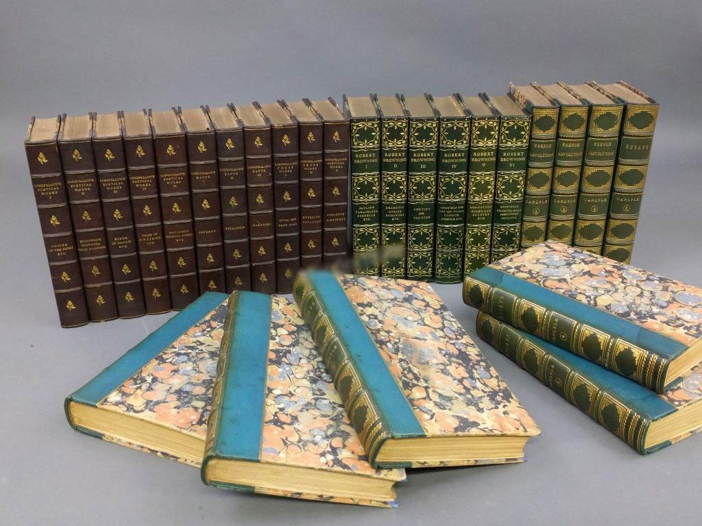 Book collection: A grouping of books to include eleven volumes of works by Longfellow, 1/2 calf, 8"h; "Essays" and "French Revolution" by Carlyle; and a six-volume Robert Browning set.