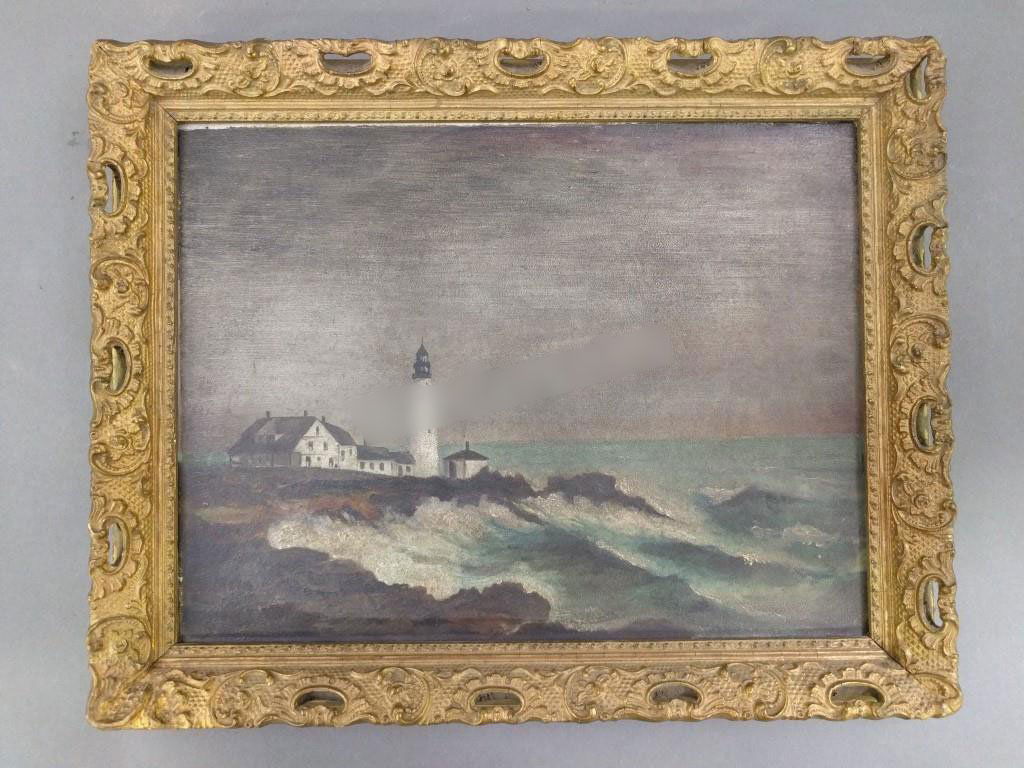Oil on board of a lighthouse, late 19th century.: Oil on board of a lighthouse, late 19th century. Unsigned. Site: 10"h x 11.5"w.