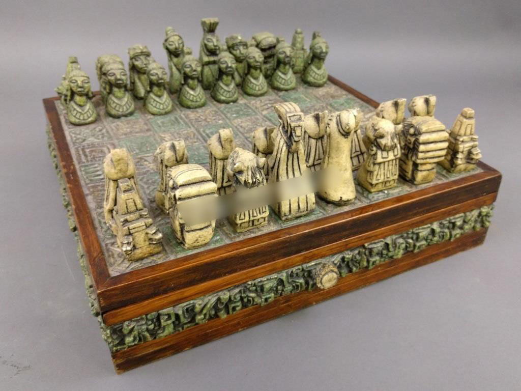 Molded Mayan style chess set. Board 4"h. x 16"w. x 16"l (1 of 2)