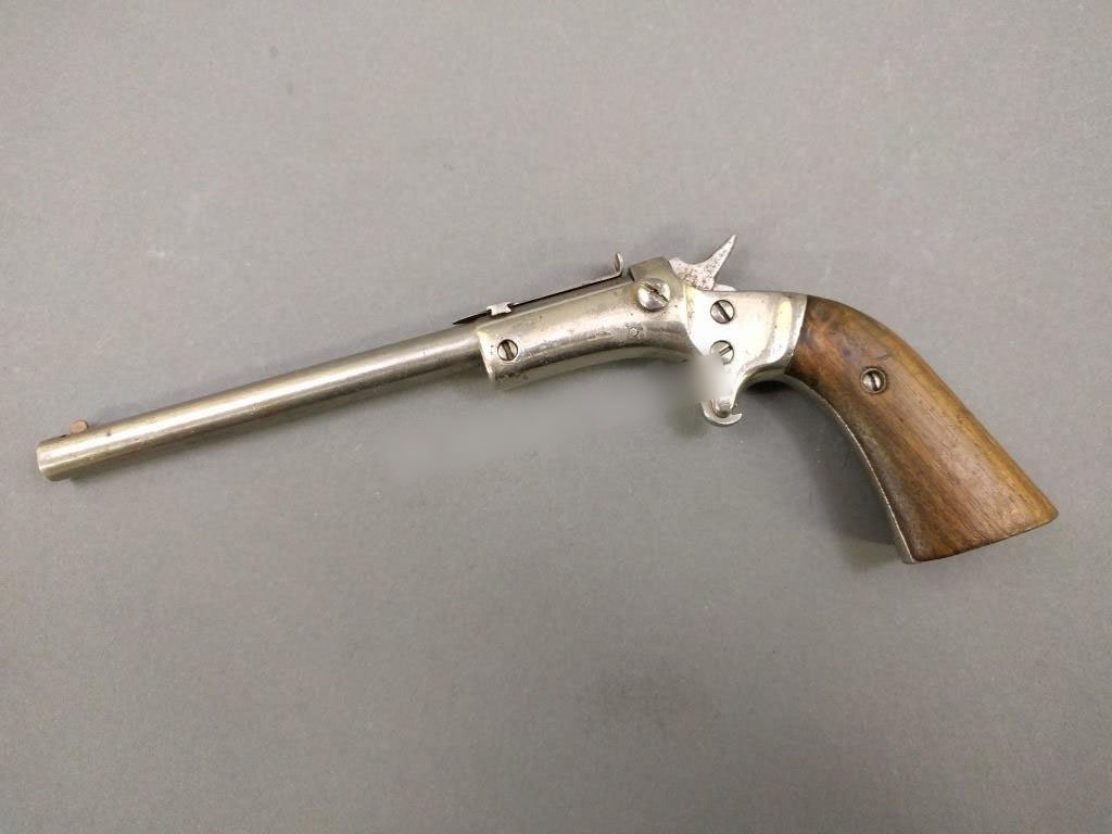 Antique single shot Chrome boot pistol by J. Stevens: Antique single shot Chrome boot pistol by J. Stevens A&T Co. Chicopee Falls, Massachusetts USA. 9.5"l.