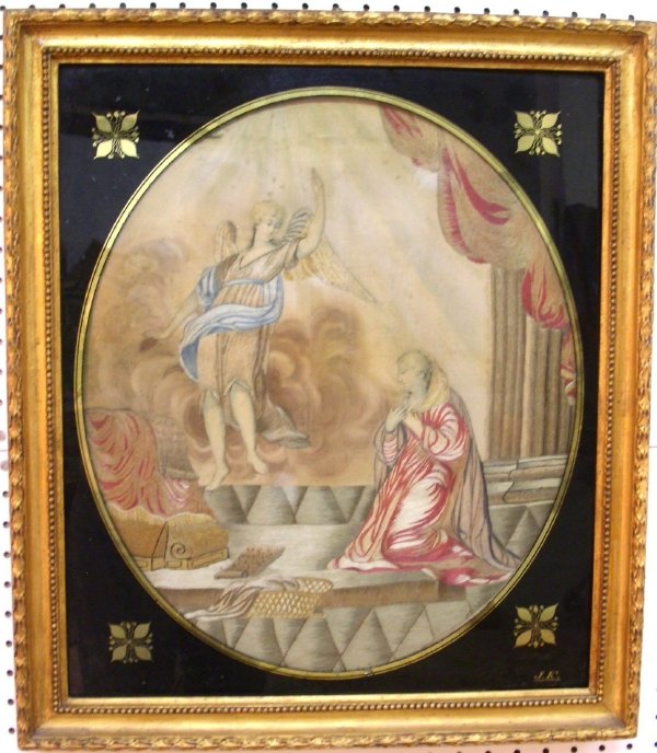 Two oval English silkworks- angel and woman in clas