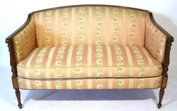 Pair of Sheraton style settees, mahogany, by Hicko: Pair of Sheraton style settees, mahogany, by Hickory Chair Co., NC. 31"h.x53"w.x28"d. PHOTO SHOWING ONE OF TWO