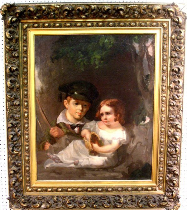 Oil on canvas portrait of children, 19th c., in th: Oil on canvas portrait of children, 19th c., in the manner of Thomas Sully. 37.5"x29.75