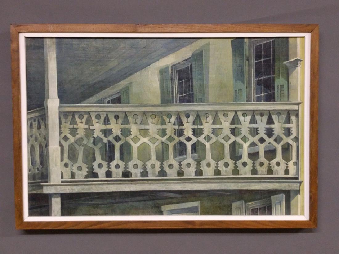 Katherine Steele Renninger (American, 1925-2004): Katherine Steele Renninger (American, 1925-2004) oil on masonite painting of a second-story porch signed lower left. Site 19"h. x 29.75"w.