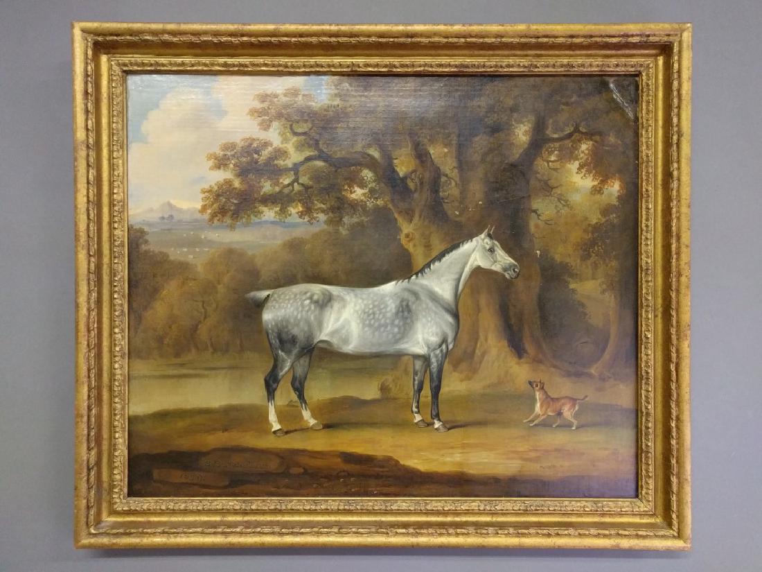 Oil on canvas equine portrait: Oil on canvas equine portrait of a dapple-gray signed lower left, "T. Weaver Pinxit 1829". Site: 24.5" x 29.5".