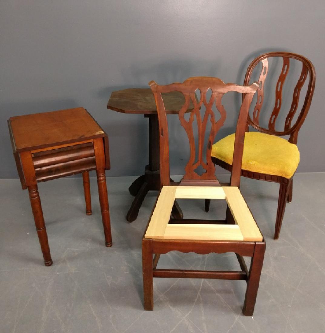 Miscellaneous Furniture grouping: Miscellaneous furniture grouping to include New Jersey Chippendale mahogany chair, 38.5"h., An English side chair, a primitive candlestand, and a Sheraton single drawer stand.