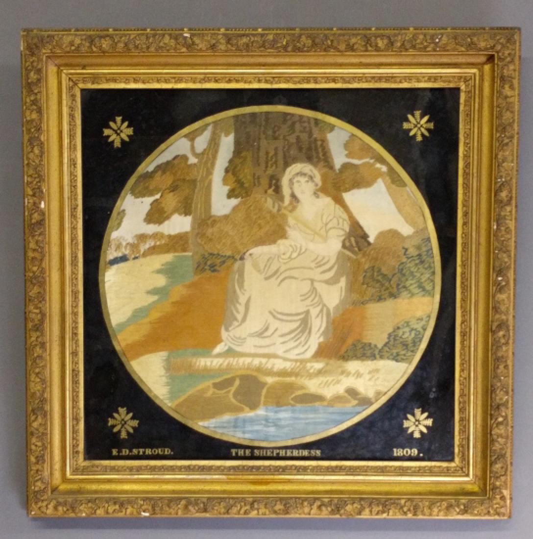 Needlework of the shepherdess: Needlework of the shepherdess by E. (Eleanor) D. Stroud, 1809, and gilt frame. Overall 20" x 20".