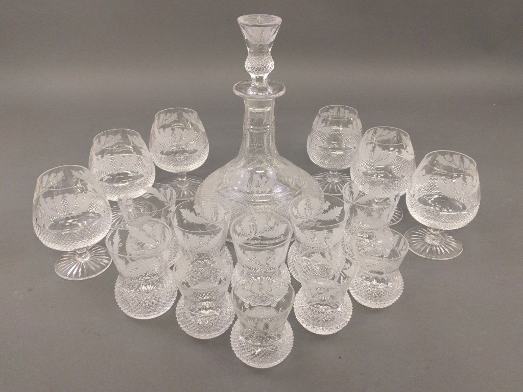 Crystal decanter set with etched leaves all signed "Mad (1 of 3)