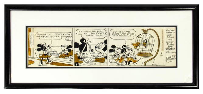"Mickey Mouse" Original Floyd Gottfredson Comic Strip.: (Disney, 1972) An original "Mickey Mouse and His Friends" comic strip that was hand-drawn and inked by artist Floyd Gottfredson. The comic features Mickey and Minnie and is signed by Gottfredson on th