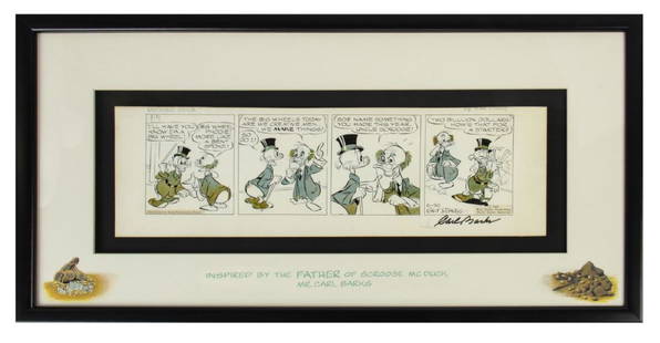 Carl Barks Signed Scrooge McDuck Original Comic Strip.: (Disney, 1962) An original hand-drawn and inked "Scrooge McDuck" comic strip featuring Donald and Scrooge McDuck. The comic features 4 original panels and has been signed by the creator of Scrooge McD