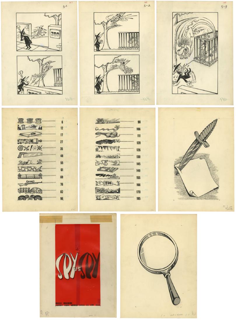 Collection of (14) "Spy Vs. Spy" Original Drawings.: (c.1960s) A collection of (14) original illustrations created by Antonio Prohias for the iconic comic strip series "Spy Vs. Spy". The collection includes (9) pages of original comic panel artwork, as