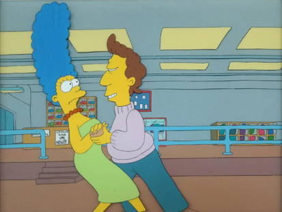 "The Simpsons" Original Cel & Matching Background.: (Fox, 1990) An original cel setup from the first season of "The Simpsons". The cel features Marge and Jacques from the iconic episode "Life on the Fast Lane", and comes with the matching hand-painted