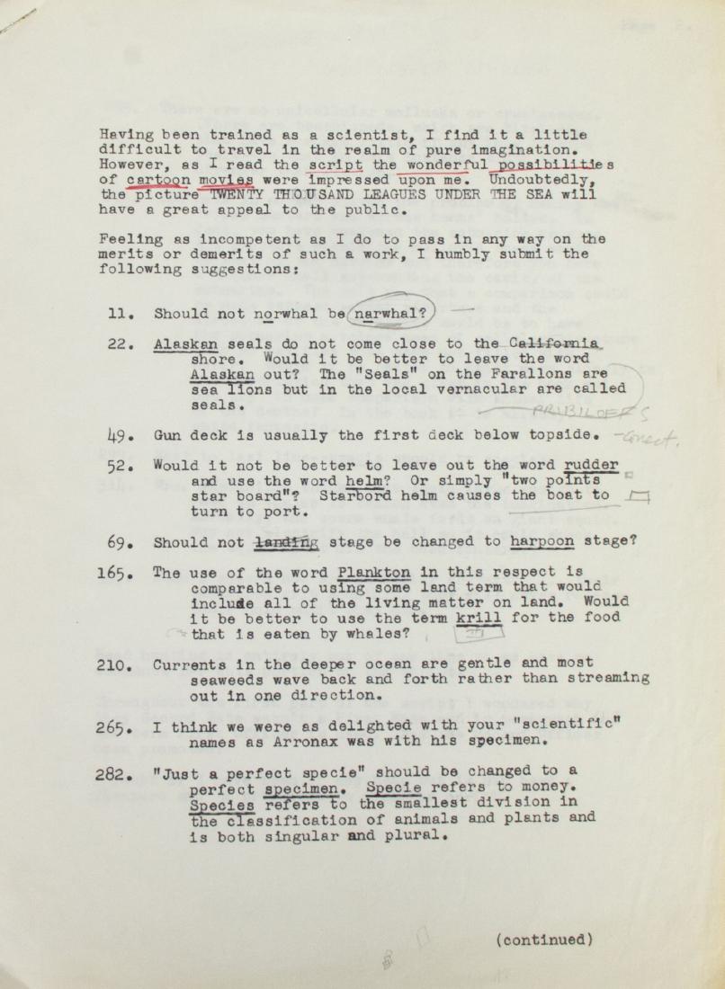 "20,000 Leagues Under the Sea" Original Script Notes. (1 of 1)