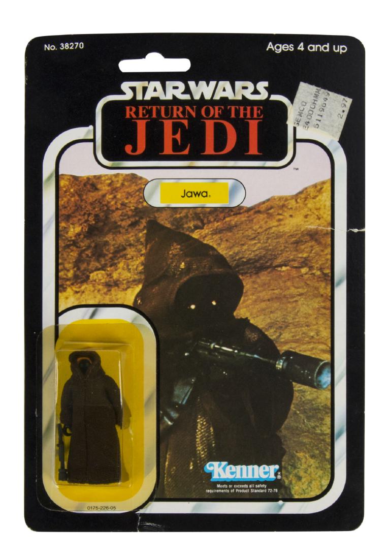 Kenner "Return of the Jedi" Jawa Figure.: (Kenner, 1983) A rare Jawa action figure created by Kenner for "Return of the Jedi". This figure is unopened in its original packaging and still retains its original Gemco sales sticker on the cardboa