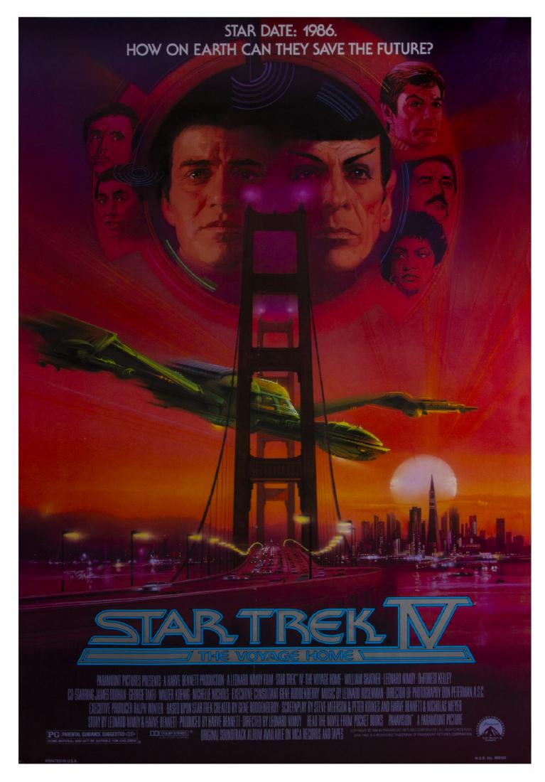 "Star Trek IV: The Voyage Home" Poster.: (Paramount, 1986) A theatrical release one sheet movie poster for "Star Trek IV: The Voyage Home". The poster features the incredible artwork of Bob Peak and depicts the crew and the Starship USS Ente