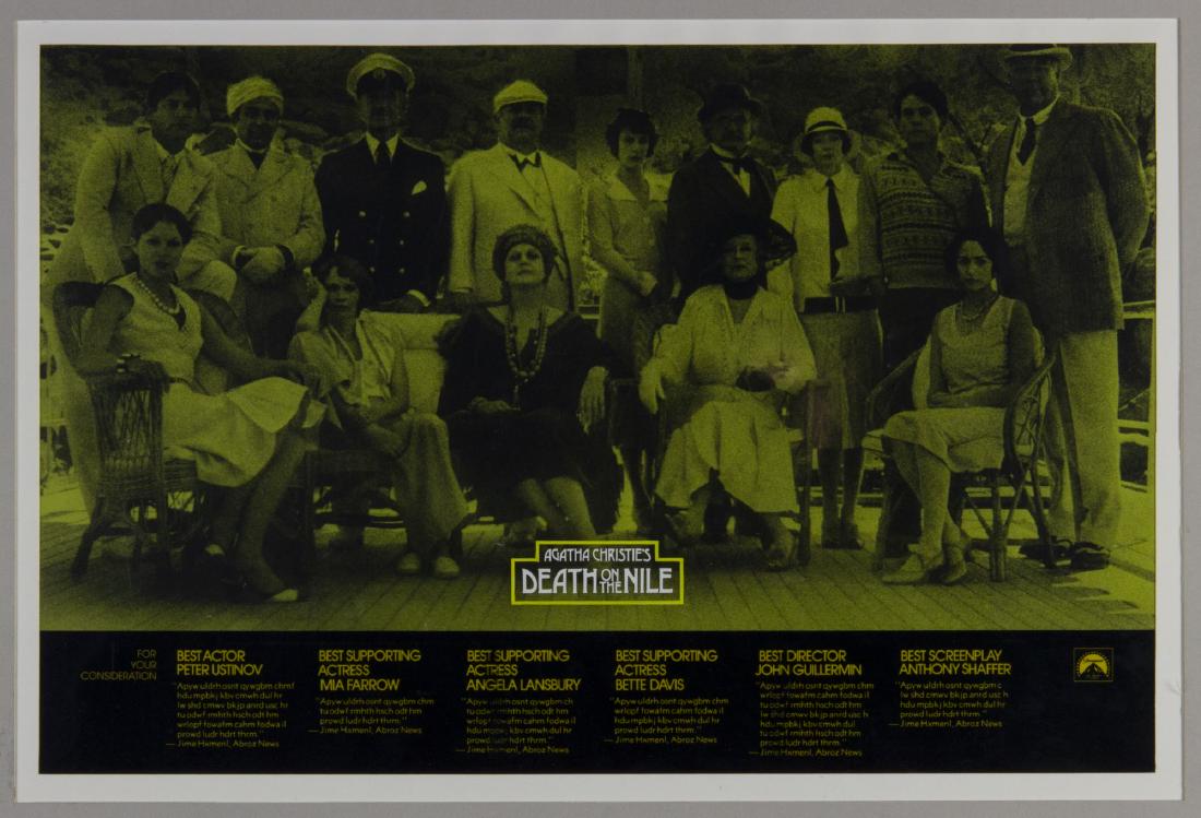 "Death on the Nile" Academy Awards Artwork.: (Paramount, 1978) This developmental artwork was created as a promotional concept for Agatha Christie's "Death on the Nile". The artwork reads "For Your Consideration" and was created as an Academy Aw