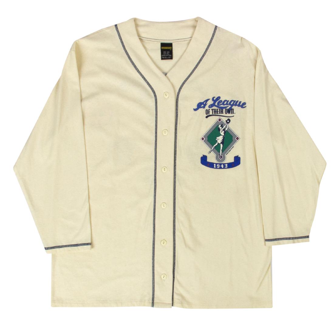 "A League of Their Own" Jersey Style Crew Shirt.: (Columbia, 1992) A rare jersey-style shirt created for the crew of the feature film "A League of Their Own". The shirt features the patch logos for several teams from the film on the back, and the fro