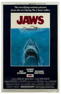 "Jaws" Production Sample Poster.: (Universal, 1975) An original "Jaws" poster from the collection of Bill Wallen, who helped work on promotional and advertising campaigns for this iconic film. This poster was Wallen's sample and has b