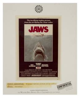 "Jaws" Poster Project Sample.: (Universal, 1975) A very rare confidential poster sample for the theatrical release poster for "Jaws". This printed sample adhered to artist's board comes from the collection of Bill Wallen. According
