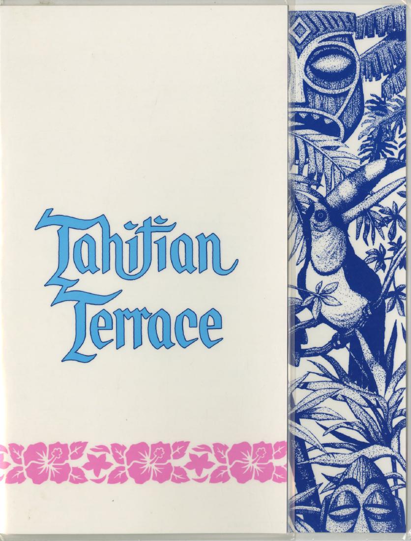 "Tahitian Terrace" Blue Restaurant Menu.: (Disneyland, 1980s) A stylish blue menu from the "Tahitian Terrace" at Disneyland. The menu features Polynesian inspired imagery and includes the story of the restaurant on the back. The menu measures