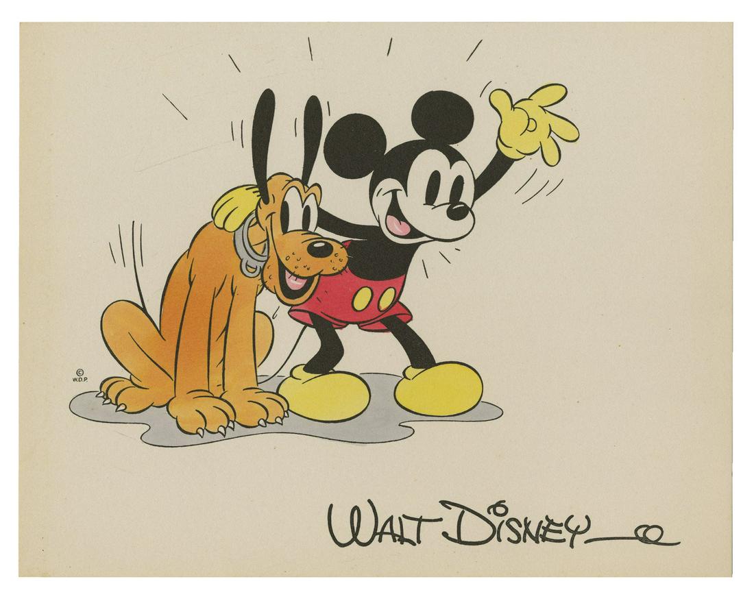 Mickey Mouse & Pluto Hand-Colored Studio Fan Card.: (Walt Disney Studios, c.1930s-40s) A hand-colored fan card from Walt Disney Productions that depicts Mickey Mouse and Pluto above a facsimile Walt Disney signature. The hand-colored studio fan cards a