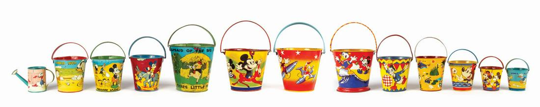 Set of (12) Vintage Disney Tin Pails & Watering Can.: (Various, c.1930s) A collection of (12) sand pails and a watering can featuring various Walt Disney characters such as Mickey, Minnie, Donald, and the Three Little Pigs. Four of the pails and the wate