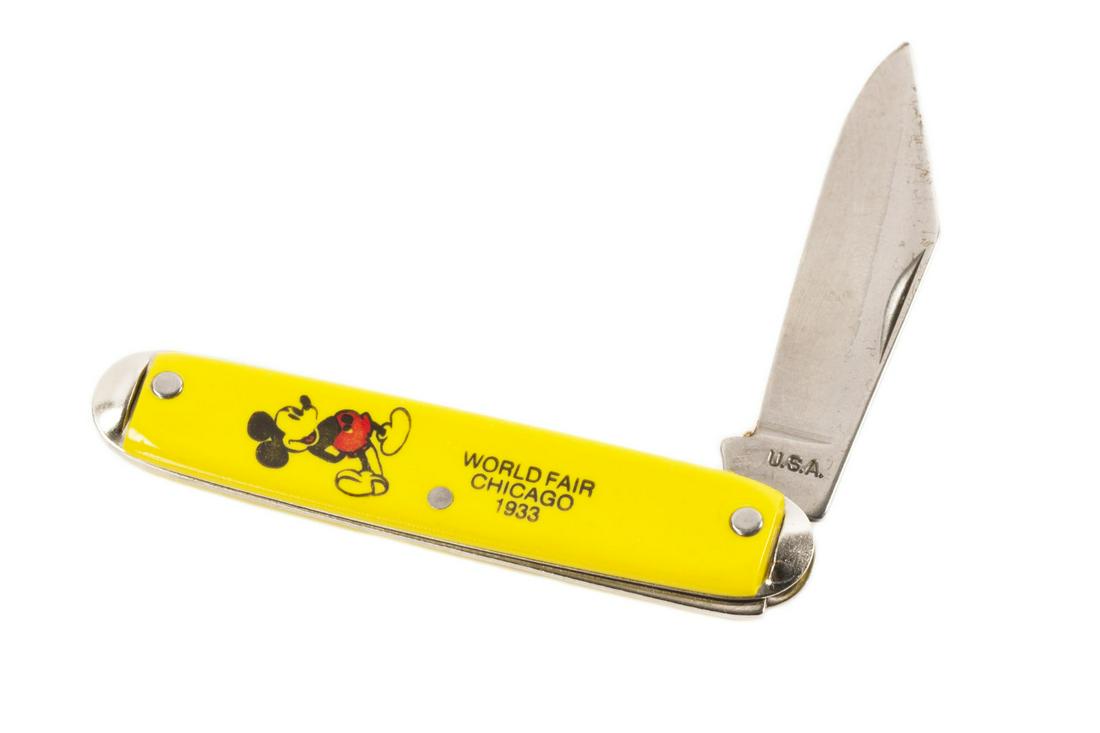 Mickey Mouse "World Fair Chicago 1933" Pocket Knife.: (Unknown, 1970s) An infamous souvenir pocket knife featuring Mickey Mouse. These knives appeared in the collector's market around the 1970s and are marked as if they were sold at the 1933 Chicago Worl