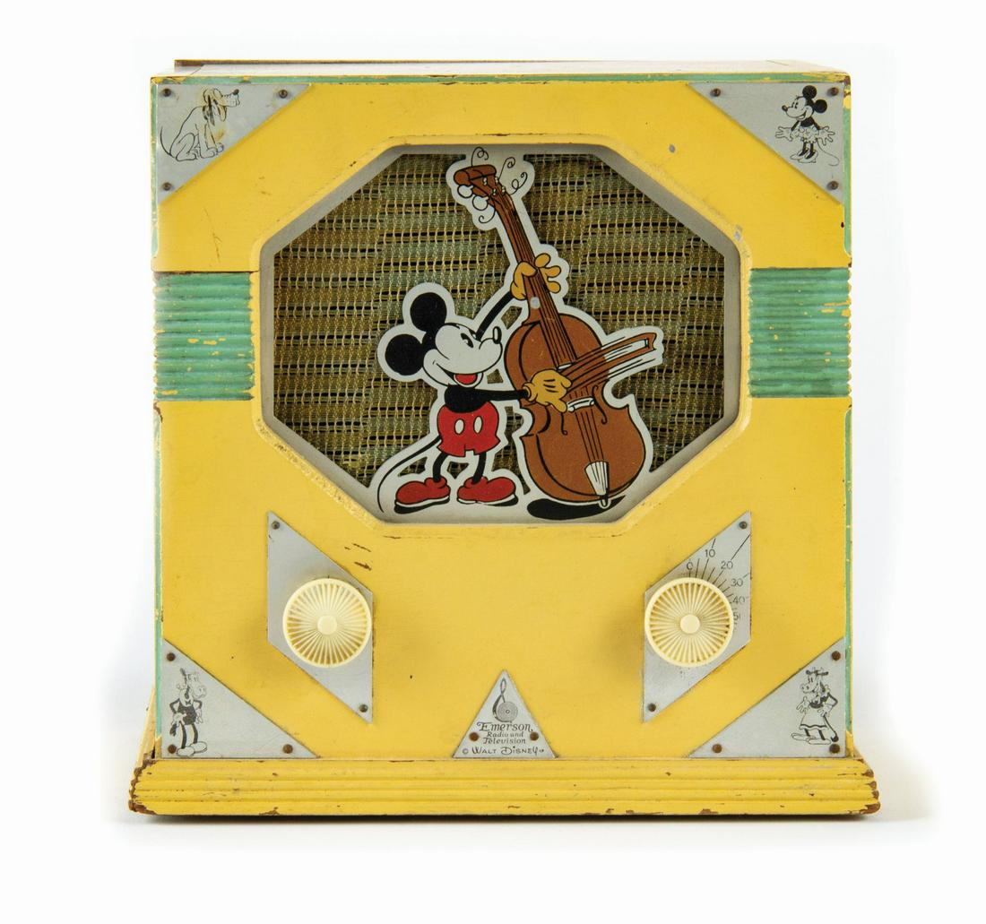 Extremely Rare Emerson Mickey Mouse Radio.: (Emerson, c.1934) An extremely rare cream colored Mickey Mouse radio created by Emerson Radio and Television Co. In the 1930s this radio came in two colors: black, and cream with green accents, with t