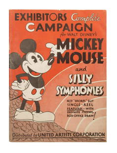 Mickey Mouse & Silly Symphonies Campaign Book.: (United Artists, 1932) An extremely rare Exhibitor's Complete Campaign book for Mickey Mouse and Silly Symphonies cartoons. This 46-page book helped promote the early Mickey Mouse and Silly Symphonies