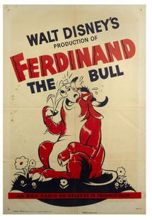 Ferdinand the Bull Re-Release Movie Poster.: (Walt Disney Studios, 1949) A lithographically printed poster from the theatrical re-release of Ferdinand the Bull. The poster has beautiful red and black imagery of Ferdinand and measures 41"x27". Th