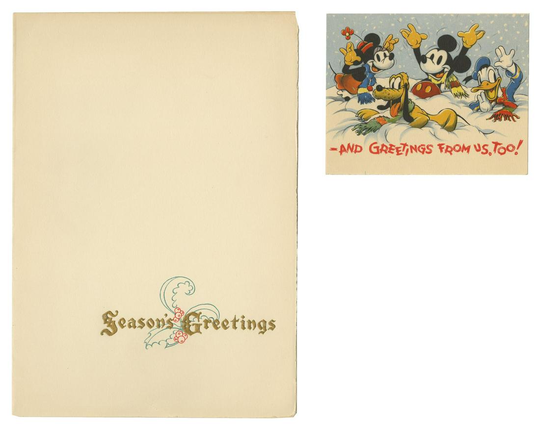 1937 Walt Disney Studio Christmas Card.: (Walt Disney Studios, 1937) A very rare Christmas card from Walt Disney Productions. This Christmas card includes one large tipped-in Snow White and the Seven Dwarfs print, as well as a second smaller