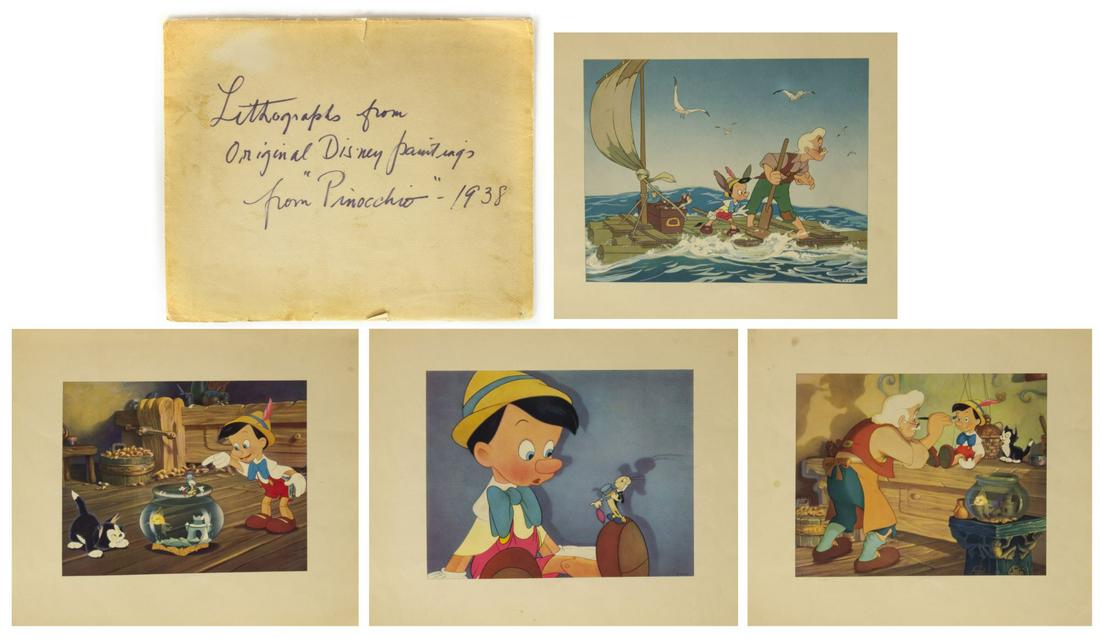 Set of (4) Vintage Pinocchio Lithographs.: (Walt Disney Productions, c.1939) A vintage set of (4) lithographic prints created from the original cels used in Pinocchio. These lithographs have 1939 Walt Disney Productions copyright marks and fea
