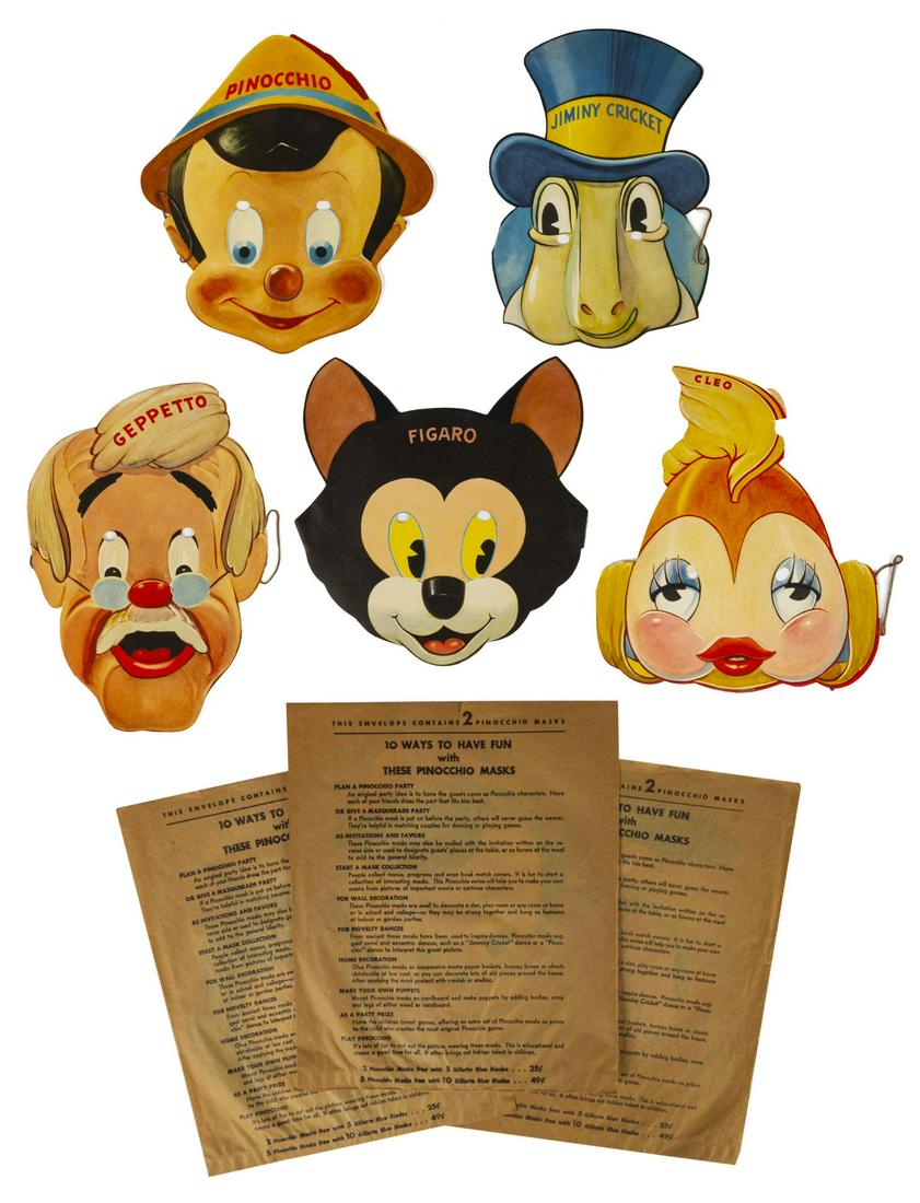Set of (5) Gillette Pinocchio Masks in Original Bags.: (Gillette, 1939) A complete set of (5) promotional character masks created in a partnership between Disney and Gillette razor blades. These delicate masks are very rare, and incredibly, they are still