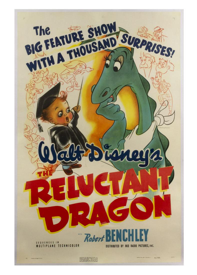 The Reluctant Dragon One Sheet Poster.: (Walt Disney Studios, 1941) An original one sheet poster from the theatrical release of The Reluctant Dragon. This beautifully illustrated poster reads, "The Big Feature Show with a Thousand Surprises