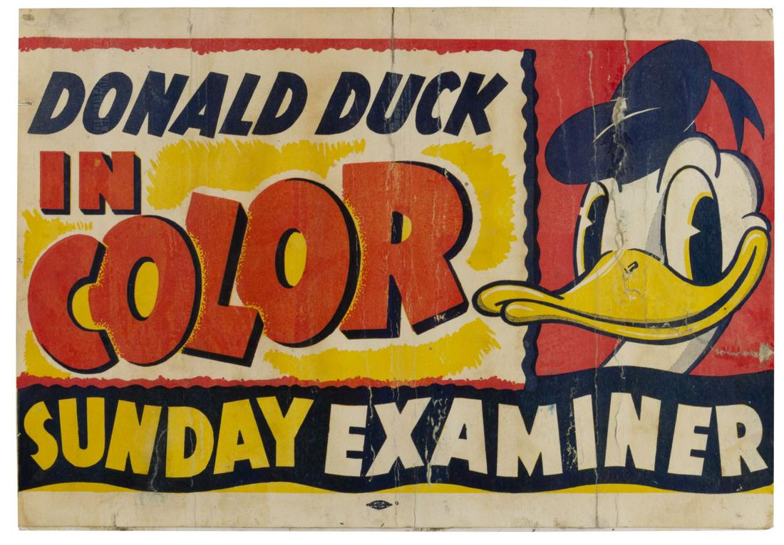 Donald Duck Sunday Comics Promotion Sign.: (Walt Disney Studios, c.1940) A vintage silkscreened sign of Donald Duck used to promote Donald Duck comics for the San Francisco Examiner. With its striking colors and large imagery of Donald, this s