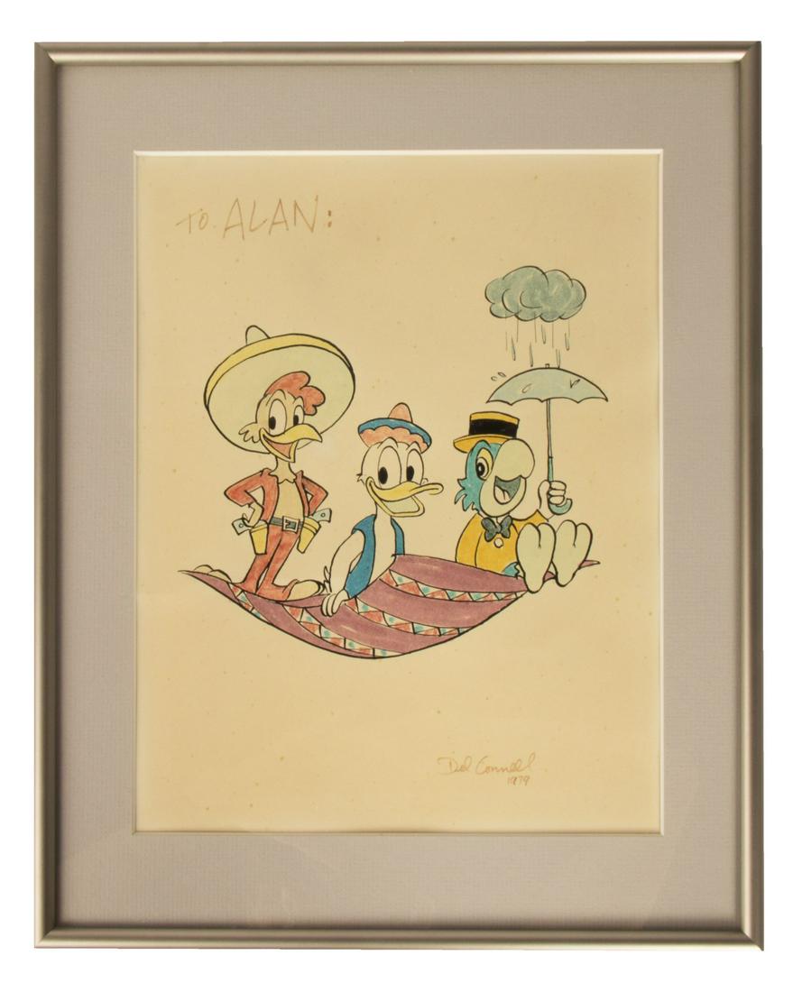 Original The Three Caballeros Drawing by Del Connell.: (Walt Disney Studios, 1979) An original drawing by Del Connell of Donald Duck, Jose Carioca, and Panchito Pistoles from The Three Caballeros. Connell worked in the Writing Department for The Three Cab