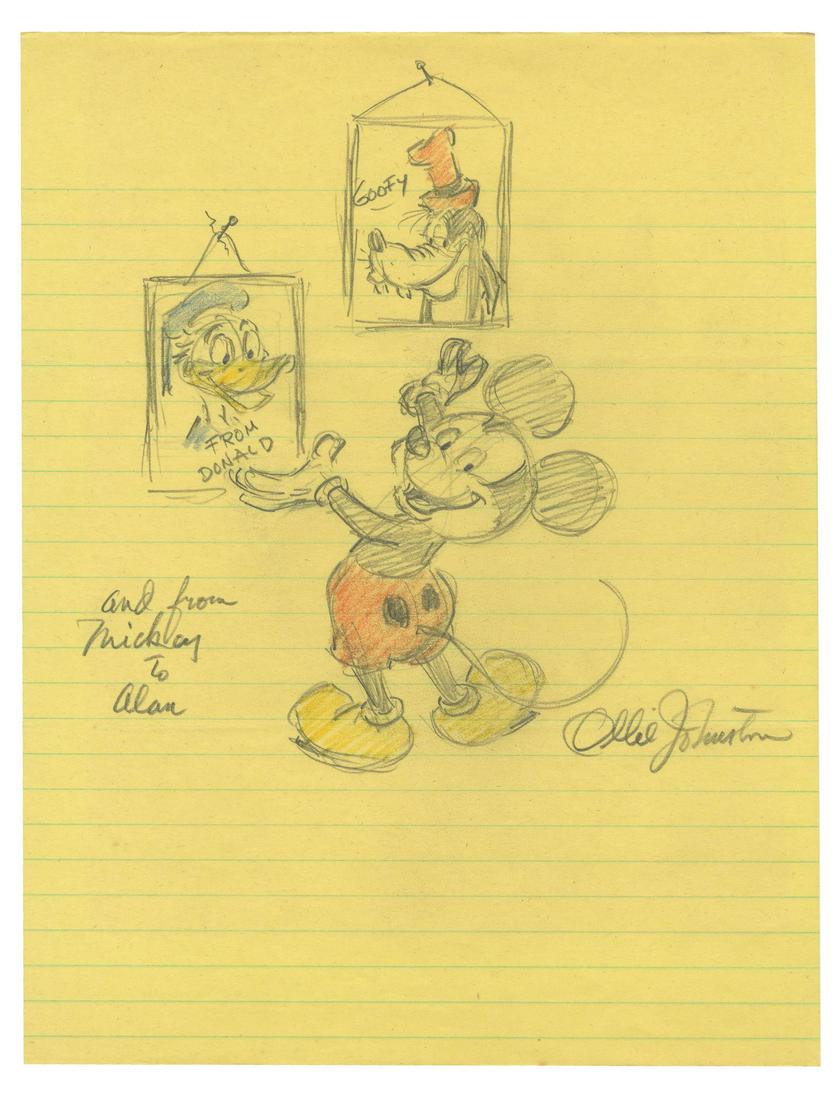Mickey Donald & Goofy Drawing by Ollie Johnston.: (Walt Disney Studios, c.1980) An original drawing of Mickey Mouse, Donald Duck, and Goofy by Disney Legend and one of Disney's Nine Old Men, Ollie Johnston. The drawing is accomplished in colored penc