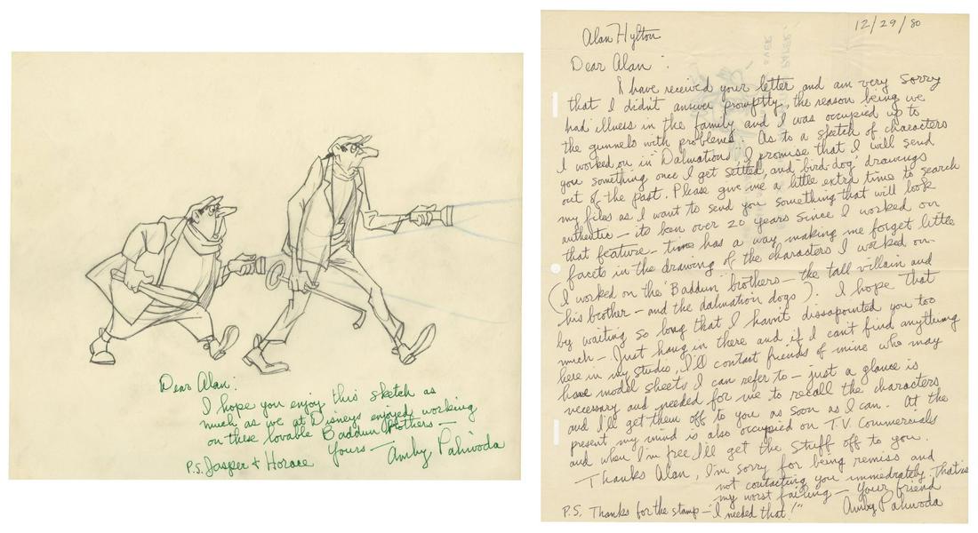 Original Drawing & Letter by Amby Paliwoda.: (Walt Disney Studios, 1980) An original drawing paired with a letter by Amby Paliwoda. The letter was sent first and includes a sketch of Donald Duck; in the letter, Paliwoda promises to send a drawin